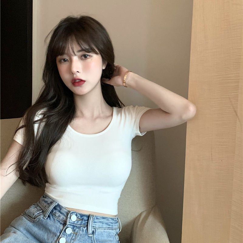 Áo Thun Tay Ngắn Màu Sắc Đơn Giản Phong Cách Harajuku Cho Nữ