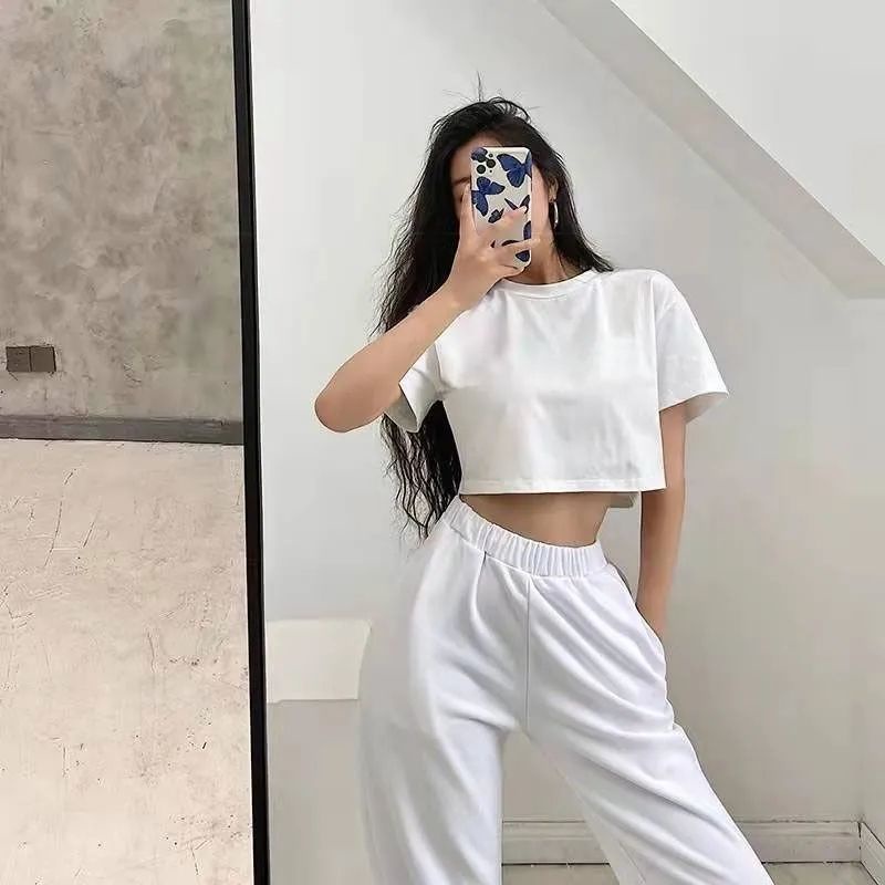 Áo Thun Tay Ngắn Màu Sắc Đơn Giản Phong Cách Harajuku Cho Nữ