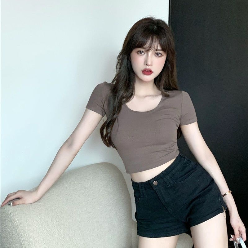 Áo Thun Tay Ngắn Màu Sắc Đơn Giản Phong Cách Harajuku Cho Nữ