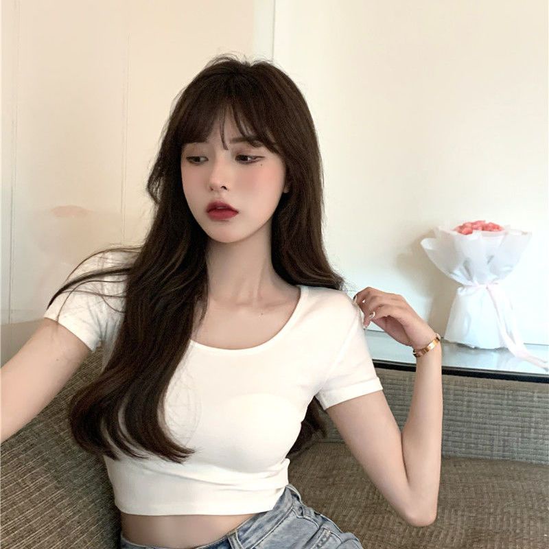 Áo Thun Tay Ngắn Màu Sắc Đơn Giản Phong Cách Harajuku Cho Nữ