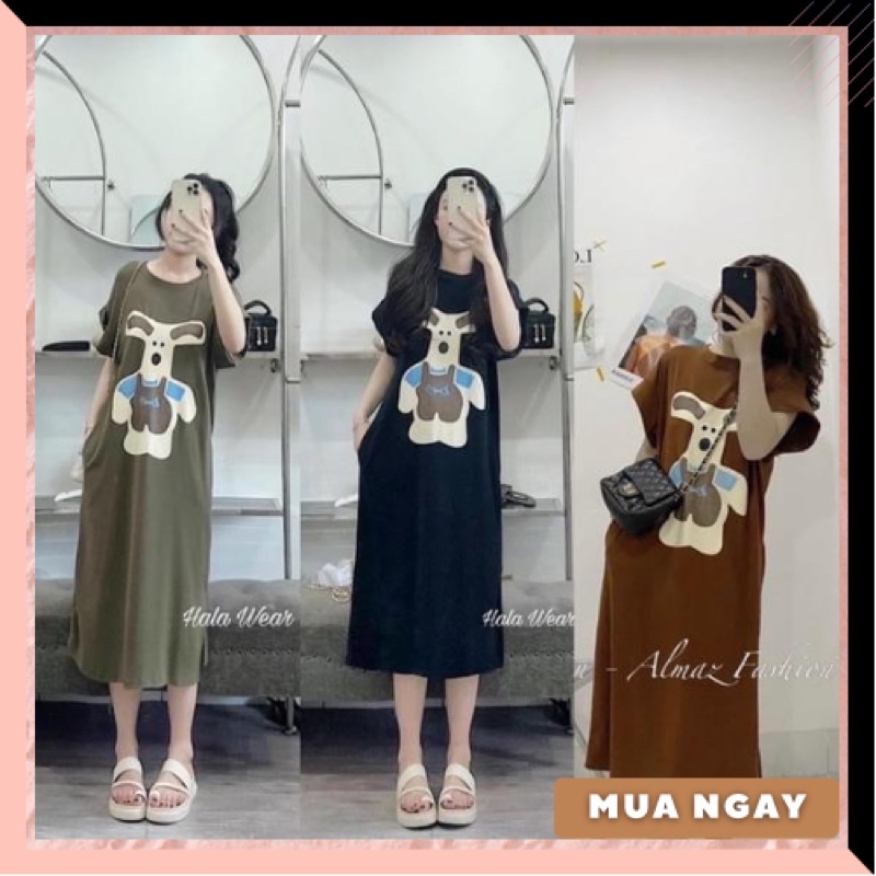 Đầm váy suông ngắn tay dáng dài cho nữ màu đen nâu xanh rêu họ tiết chó đi chơi đi học đi biển