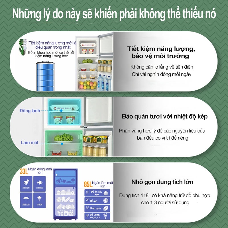 Tủ lạnh 2 ngăn 118 lít, Tủ Lạnh Mini ngăn đá và ngăn lạnh giữ đồ luôn tươi mới, Tủ Nhỏ gọn dung tích lớn