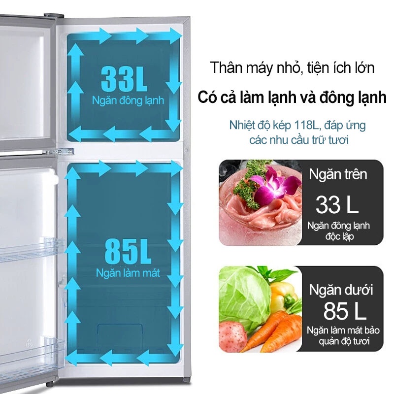 Tủ lạnh 2 ngăn 118 lít, Tủ Lạnh Mini ngăn đá và ngăn lạnh giữ đồ luôn tươi mới, Tủ Nhỏ gọn dung tích lớn