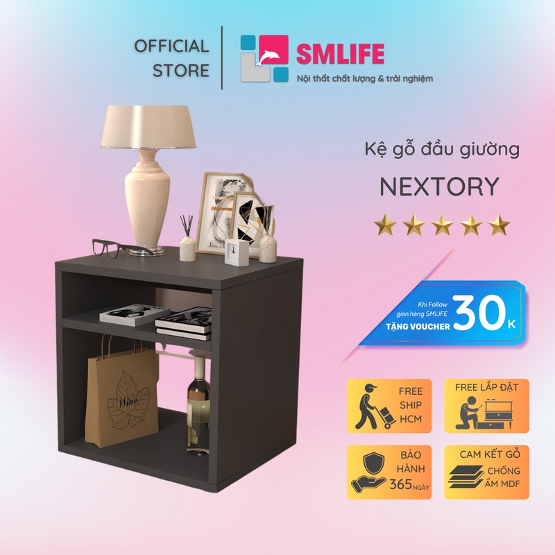 Kệ gỗ đầu giường hiện đại SMLIFE Nextory | Gỗ MDF dày 17mm chống ẩm | D40xR35xC40cm