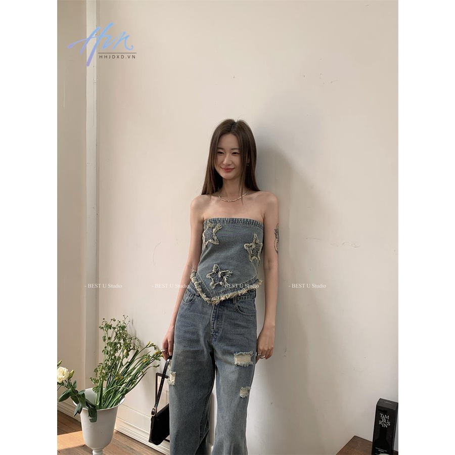 Áo Denim Sát Nách Dáng Ôm Phối Tua Rua Hình Ngôi Sao Độc Đáo Thời Trang Xuân Hè Mới Cho Nữ