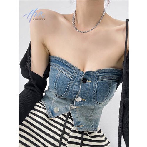 Áo Ống Denim Màu Gradient Phong Cách Mỹ Thời Trang Mùa Hè Cho Nữ