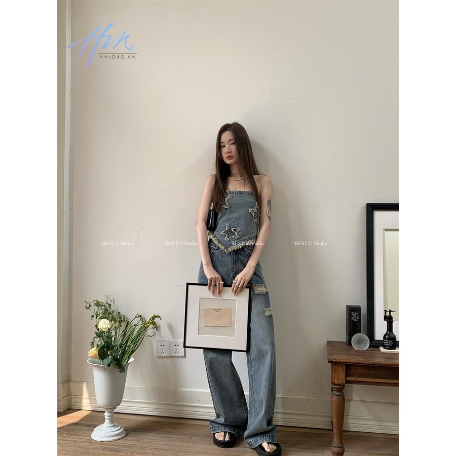 Áo Denim Sát Nách Dáng Ôm Phối Tua Rua Hình Ngôi Sao Độc Đáo Thời Trang Xuân Hè Mới Cho Nữ