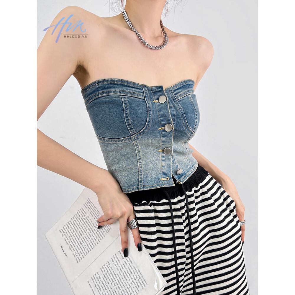 Áo Ống Denim Màu Gradient Phong Cách Mỹ Thời Trang Mùa Hè Cho Nữ