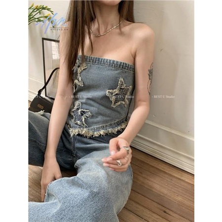 Áo Denim Sát Nách Dáng Ôm Phối Tua Rua Hình Ngôi Sao Độc Đáo Thời Trang Xuân Hè Mới Cho Nữ