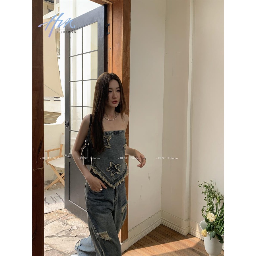Áo Denim Sát Nách Dáng Ôm Phối Tua Rua Hình Ngôi Sao Độc Đáo Thời Trang Xuân Hè Mới Cho Nữ