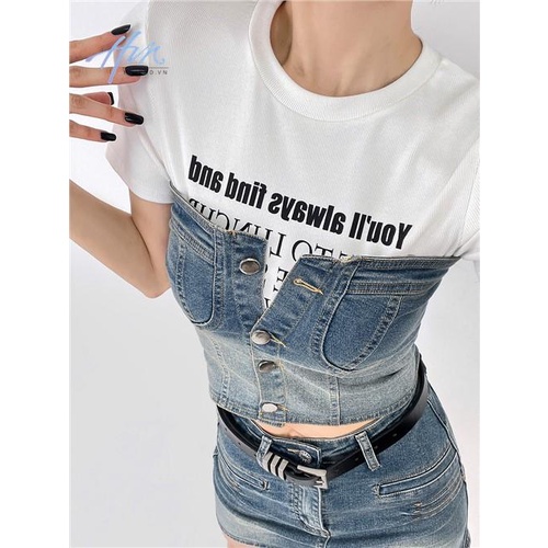 Áo Ống Denim Màu Gradient Phong Cách Mỹ Thời Trang Mùa Hè Cho Nữ