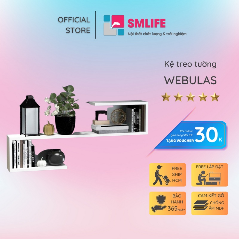 Kệ gỗ treo tường trang trí hiện đại SMLIFE Webulas | Gỗ MDF dày 17mm chống ẩm | D100xR15xC50cm