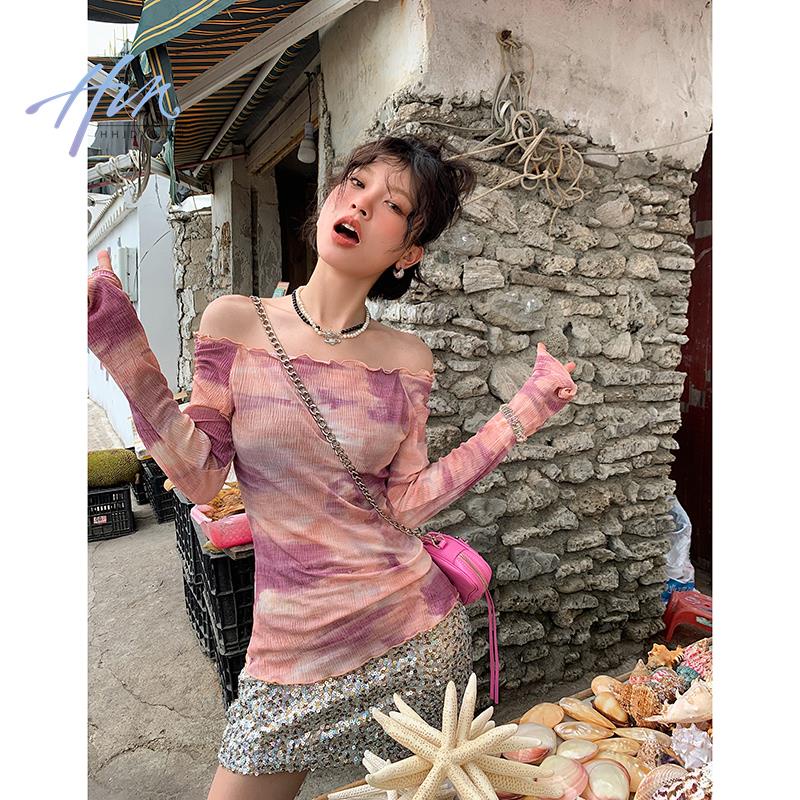 Áo Thun Tay Dài Lệch Vai Nhuộm Màu Phong Cách Mới Mùa Hè 2023 Cho Nữ