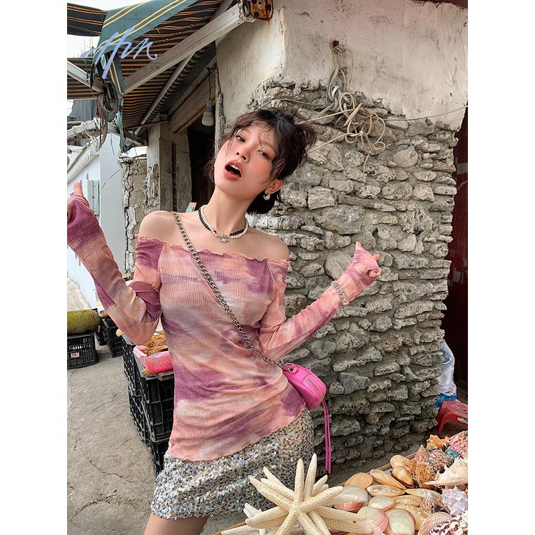 Áo Thun Tay Dài Lệch Vai Nhuộm Màu Phong Cách Mới Mùa Hè 2023 Cho Nữ