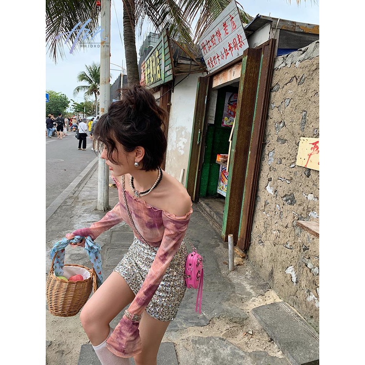 Áo Thun Tay Dài Lệch Vai Nhuộm Màu Phong Cách Mới Mùa Hè 2023 Cho Nữ