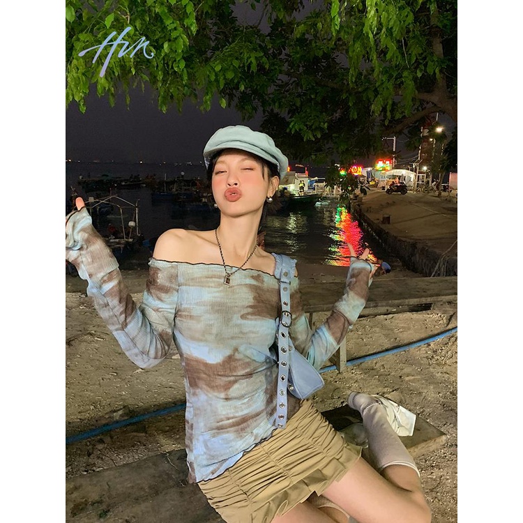 Áo Thun Tay Dài Lệch Vai Nhuộm Màu Phong Cách Mới Mùa Hè 2023 Cho Nữ
