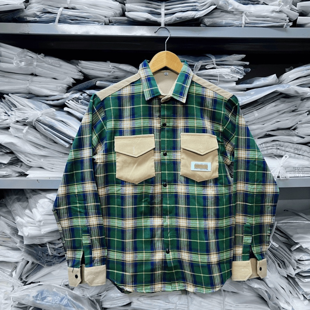 Áo Sơ Mi Nam Caro Phối Túi Ngực Vải Nhung Tăm Form Chuẩn Thời Trang Hot Trend NEW UNISEX