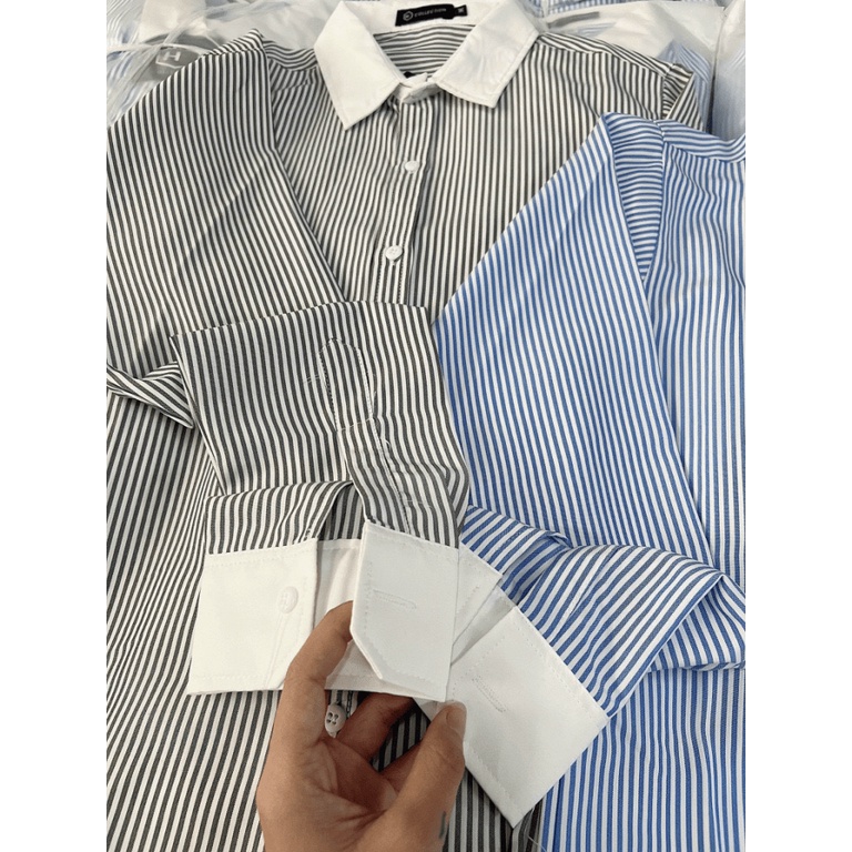 Áo Sơ Mi Nam Dài Tay Vải Kate Sọc Phối Cổ Tay Form Chuẩn Lịch Lãm NEW UNISEX