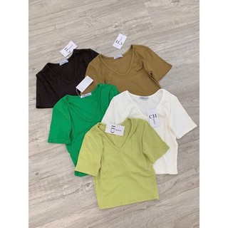 Áo thun croptop nữ cổ tim chất gân đẹp