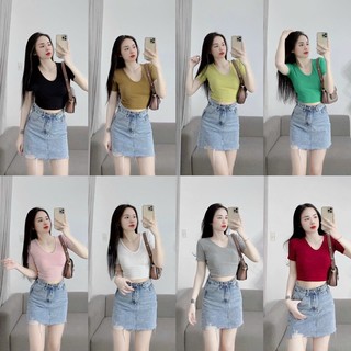 Áo thun croptop nữ cổ tim chất gân đẹp