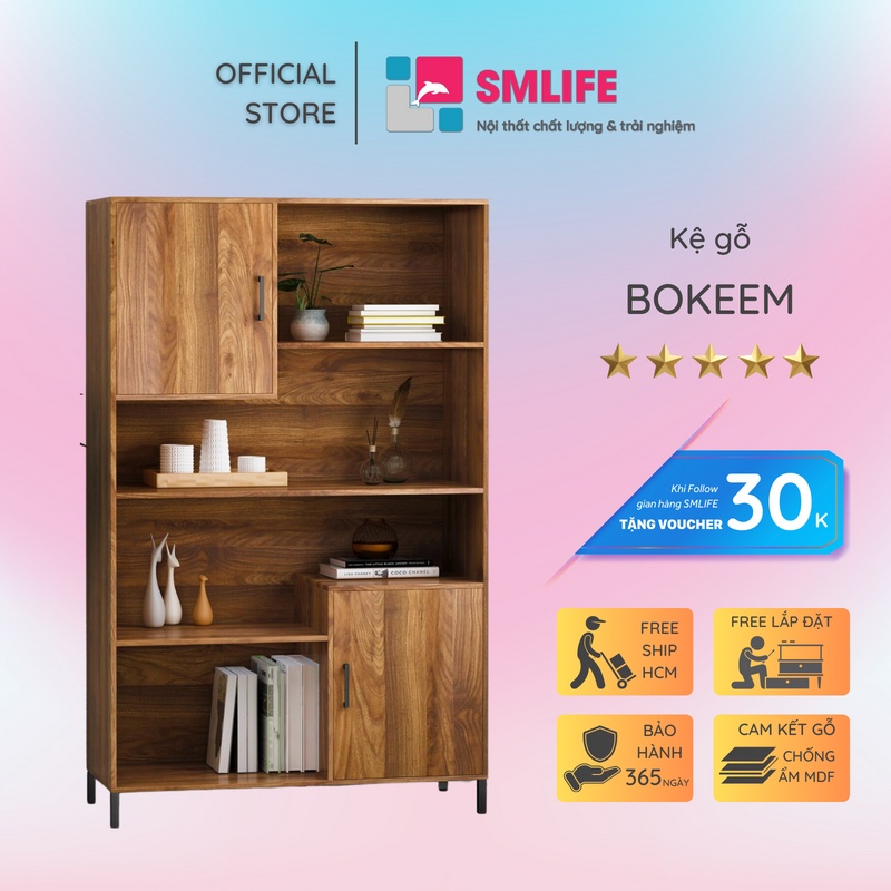 Kệ sách, kệ trang trí gỗ hiện đại SMLIFE Bokeem | Gỗ MDF dày 17mm chống ẩm | D100xR40xC160cm