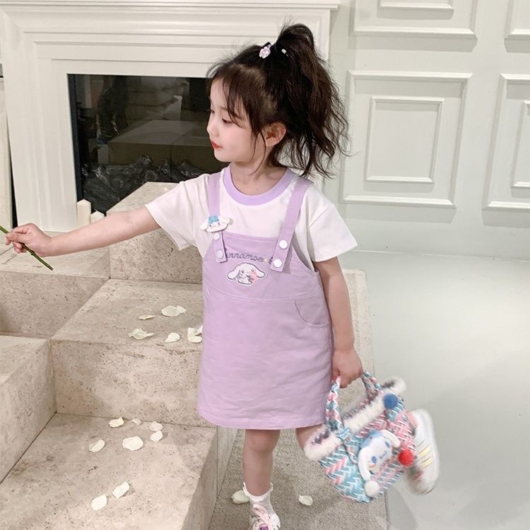 Bộ Áo Thun Màu Tím In Hoạt Hình + Chân Váy Yếm Thời Trang Mùa Hè Cho Bé Gái