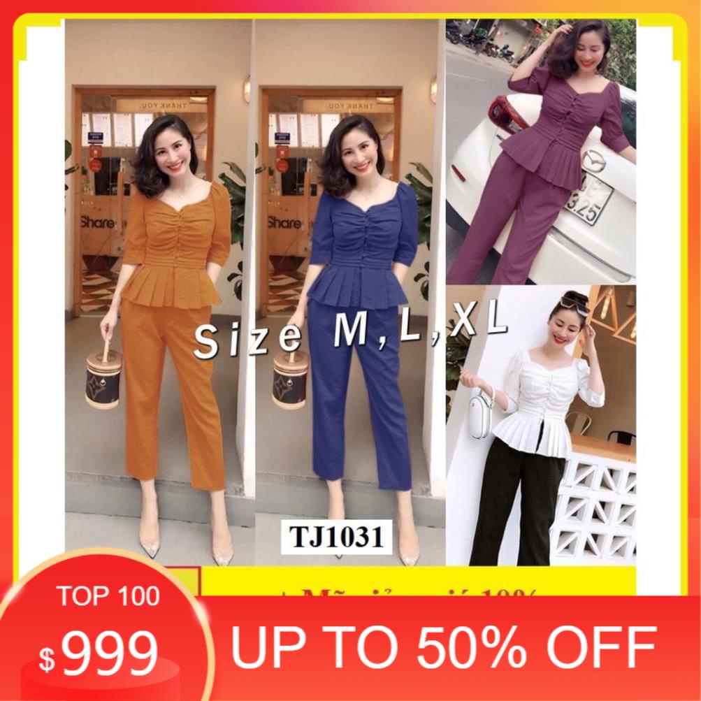 Set Trang Phục 🌸FREESHIP🌸 Set nguyên bộ áo peplum tà xếp ly phối nút bọc xinh xắn J1031