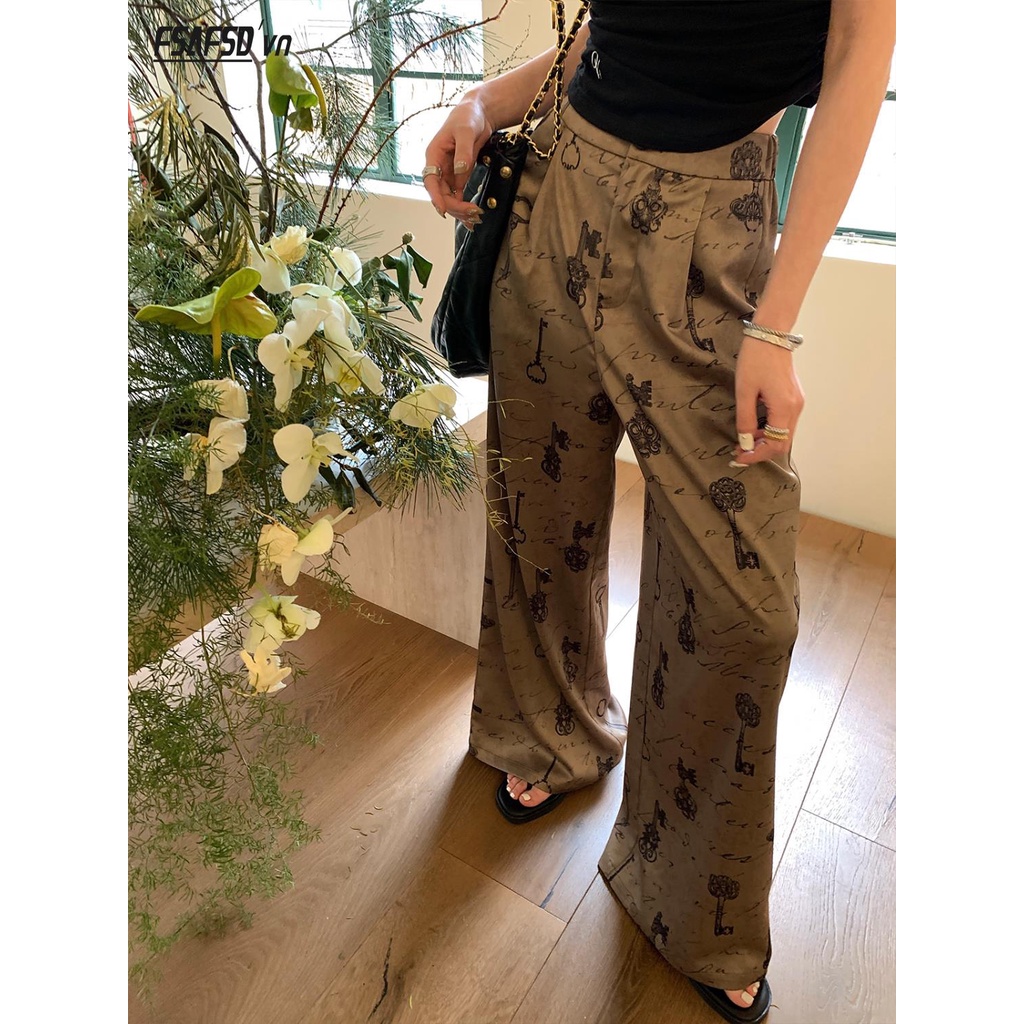 Quần Dài Vải Satin Ống Rộng In Họa Tiết Thời Trang Mùa Xuân Cho Nữ