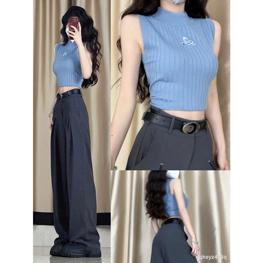 Mong muốn thuần khiết phong cách hot girl phù hợp với nữ mùa hè mới tự trồng áo vest mỏng hàng đầu quần ống rộng bộ hai