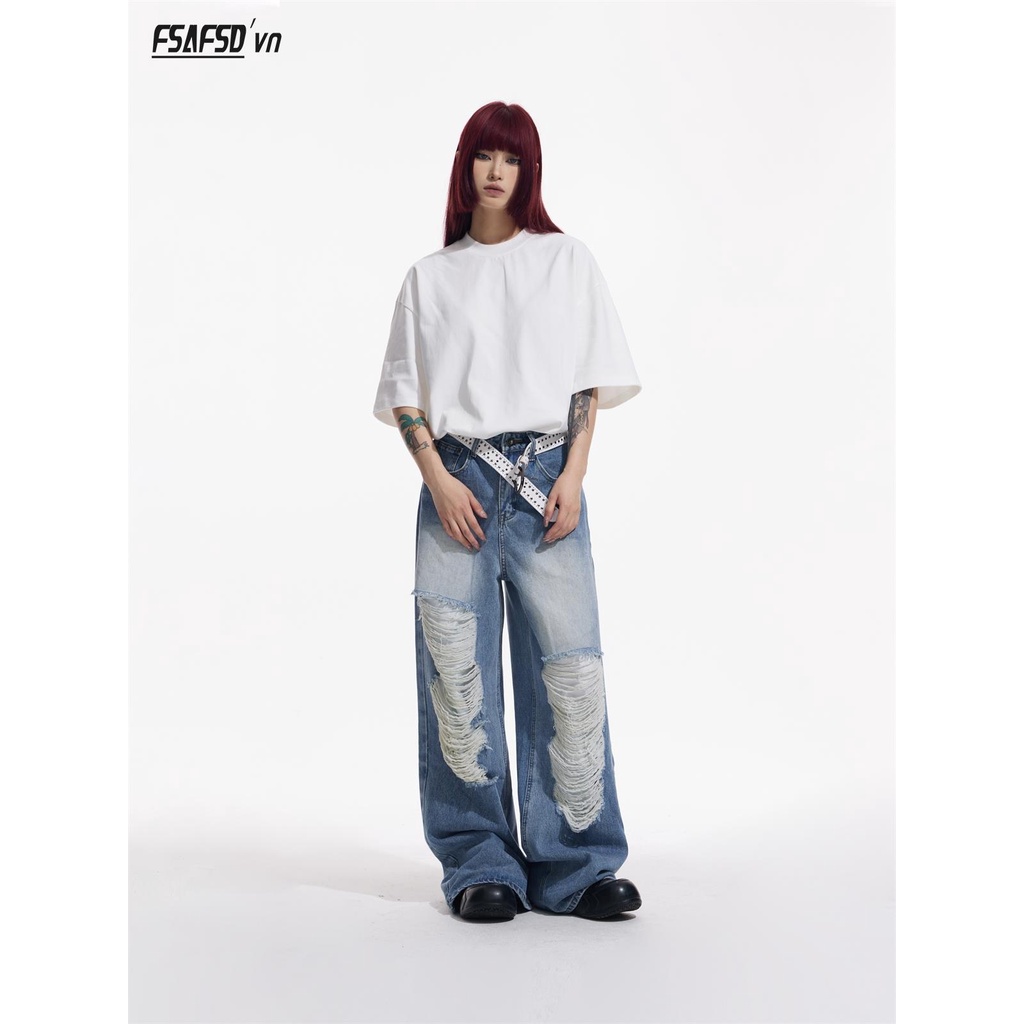 Quần Jean Ống Rộng Rách Gối Phong Cách Trẻ Trung Cá Tính Dành Cho Nam
