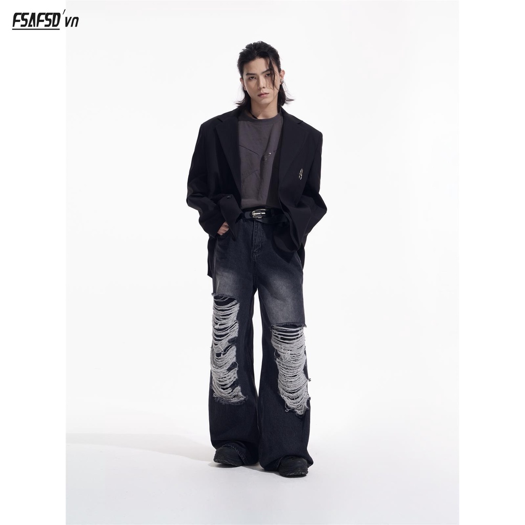 Quần Jean Ống Rộng Rách Gối Phong Cách Trẻ Trung Cá Tính Dành Cho Nam