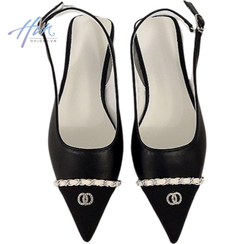 Giày Sandal Mũi Nhọn Đế Bằng Phối Dây Xích Màu Sắc Thời Trang Dành Cho Nữ