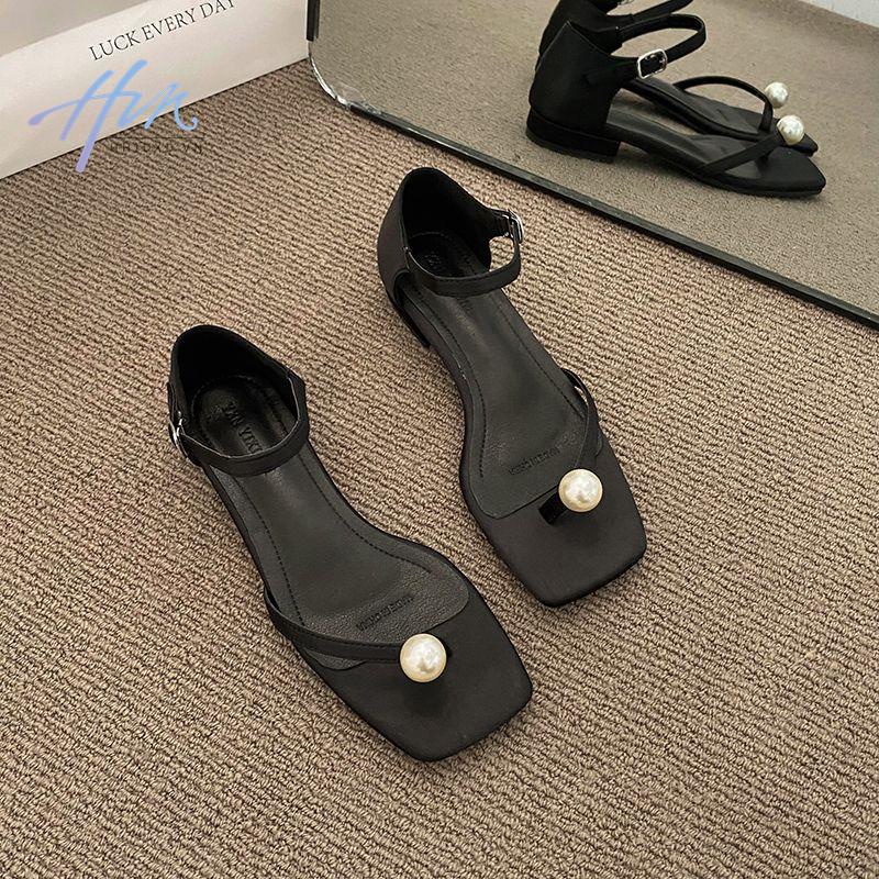 Giày Sandal Gót Dày Mũi Vuông Quai Đính Ngọc Trai Thời Trang Mùa Hè 2023 Phong Cách Mới Cho Nữ