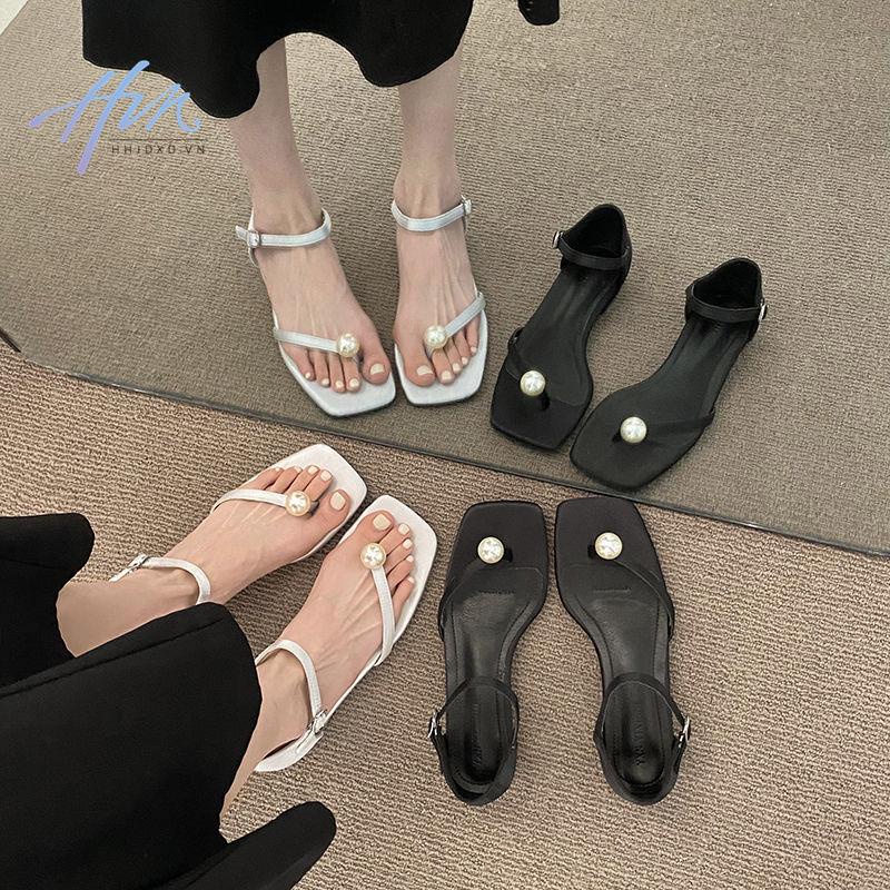 Giày Sandal Gót Dày Mũi Vuông Quai Đính Ngọc Trai Thời Trang Mùa Hè 2023 Phong Cách Mới Cho Nữ