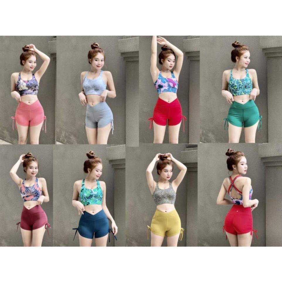 Bộ tập gym, yoga nữ, quần áo tập gym yoga aerobic nữ dáng đẹp Áo bra đan dây hoa văn quần đùi rút dây- (Ng10)