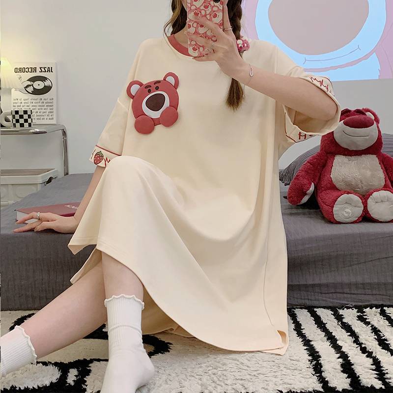 Đồ ngủ tây đồ mặc nhà mẫu dài vừa tay ngắn 100% cotton mẫu mỏng mùa hè cho nữ gấu dâu
