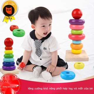 ✉☁tháp cầu vồng bằng gỗ bảy màu bộ xếp chồng phối hợp tay mắt đồ chơi trẻ em