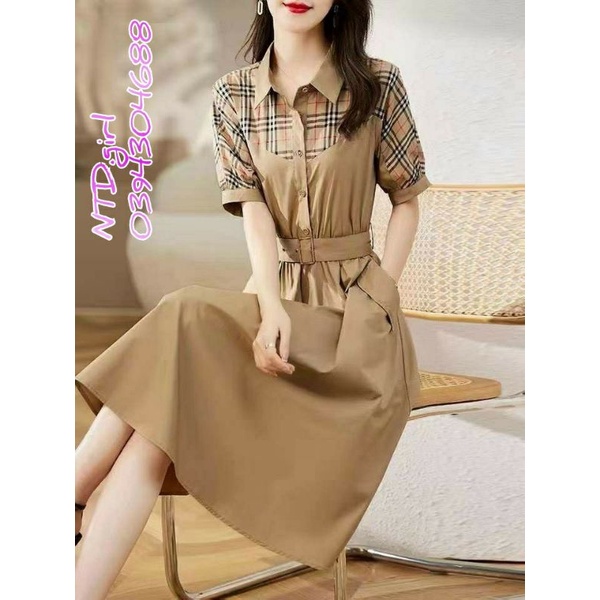 Hàng nhập - Đầm dáng xòe cổ sơ mi kẻ BBR style, váy xòe tay ngắn trẻ trung thanh lịch