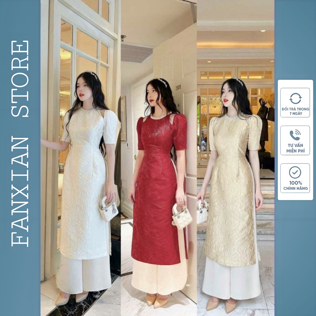 Áo dài gấm cách tân cổ ngọc hở vai mix quần lụa trắng, sét áo dài Tết- FANXIAN SHOP FANXIAN STORE