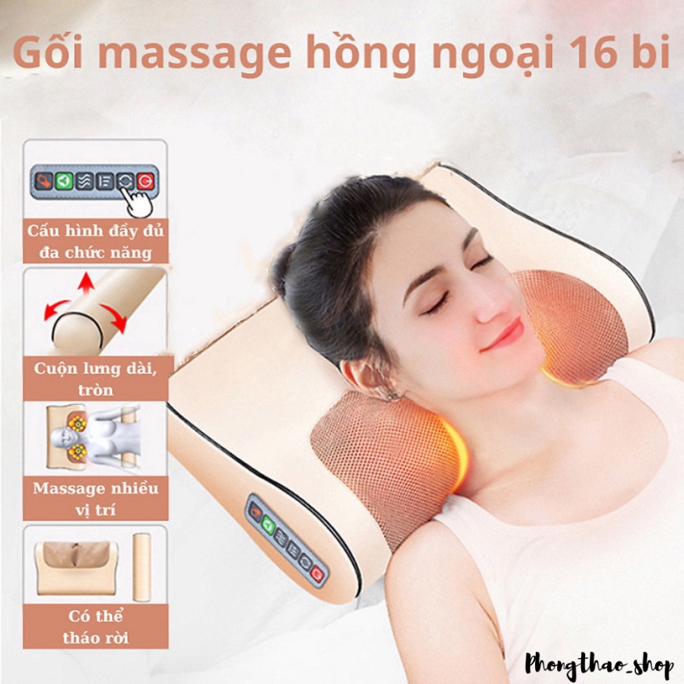 Gối massage cổ vai gáy, Máy massage hồng ngoại 16 bi cao cấp thế hệ mới giảm nhức mỏi toàn thân PT93