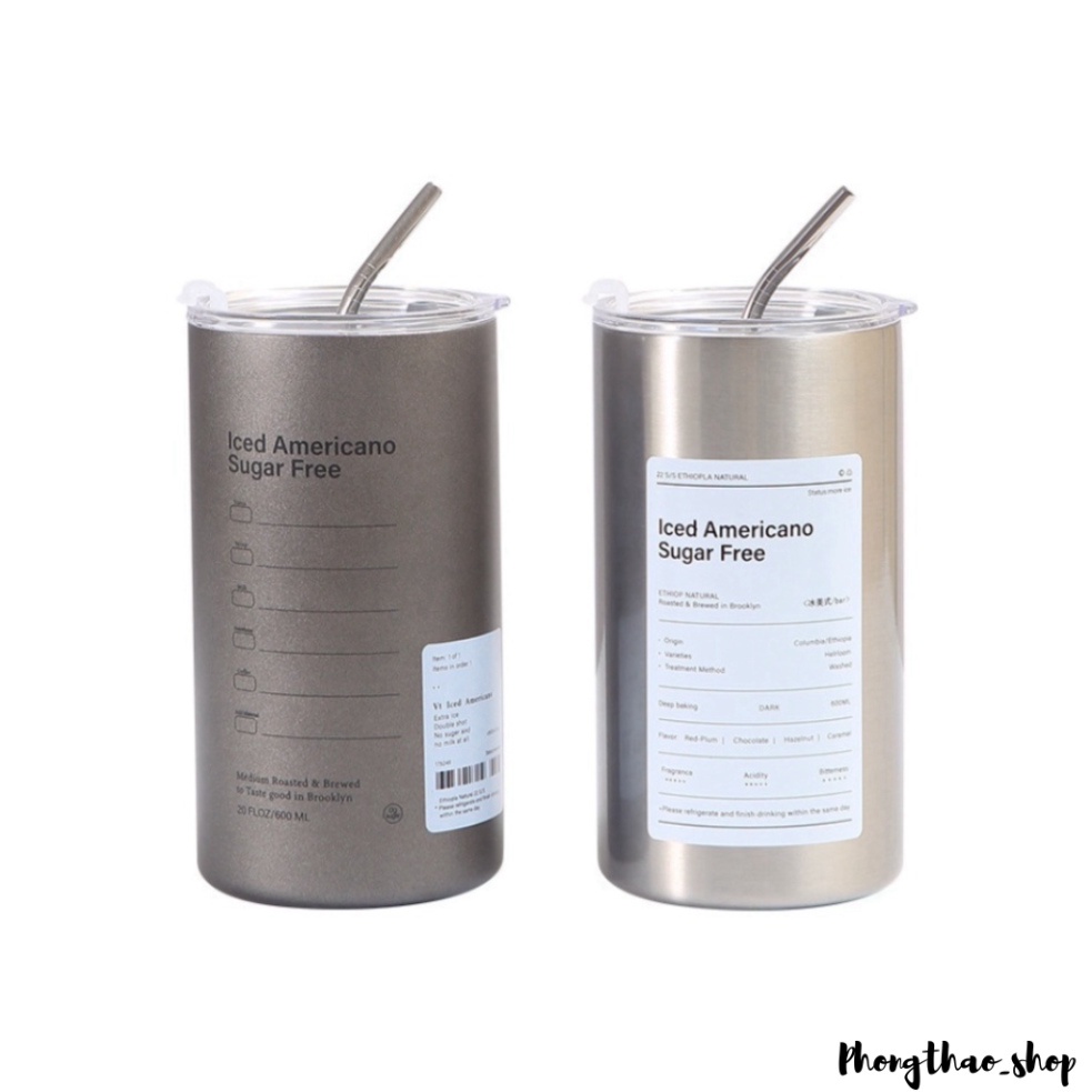 Cốc Giữ Nhiệt, Cốc Uống Nước Iced Americano Inox 304 Có Ống Hút Ly Uống Coffee 600ML Giữ Nhiệt PT93