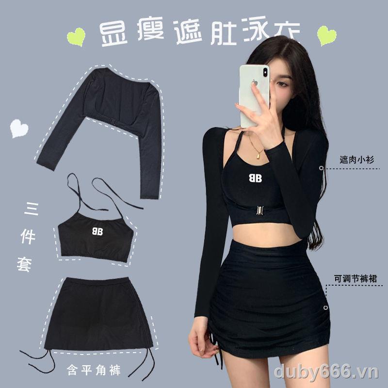 ■Bộ Đồ Bơi Ba Mảnh Áo Tay Dài + Chân Váy Màu Trơn Phong Cách Mùa Xuân Cho Nữ Ốp