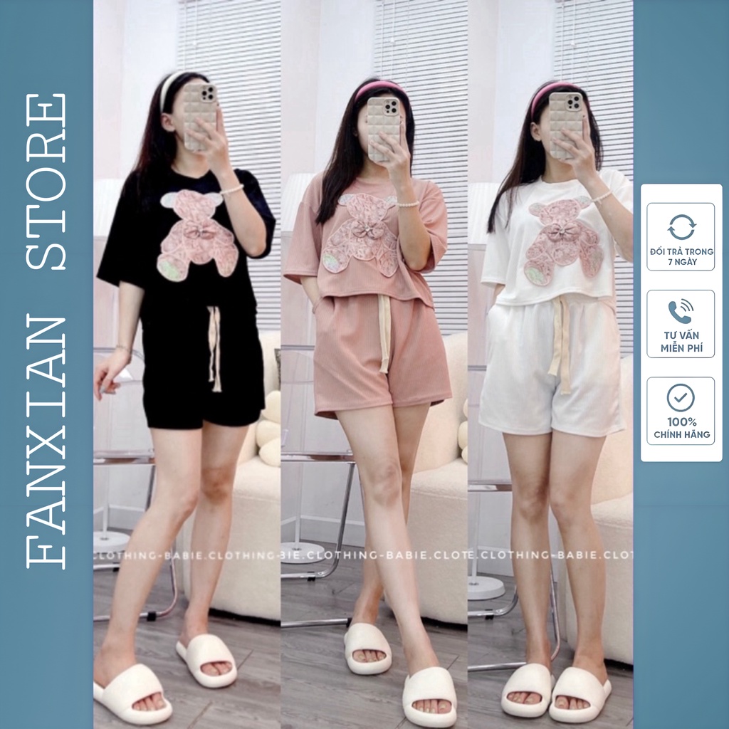 Bộ cộc áo gấu mix quần đùi chất tăm xốp mát, bộ đùi nữ cao cấp 3 màu đen, trắng, hồng - FANXIAN SHOP FANXIAN STORE