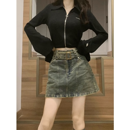 Jiashucheng Chân Váy Denim Chữ a Lưng Cao Dáng Ôm Phong Cách Retro Mỹ Mùa Hè Mới Cho Nữ