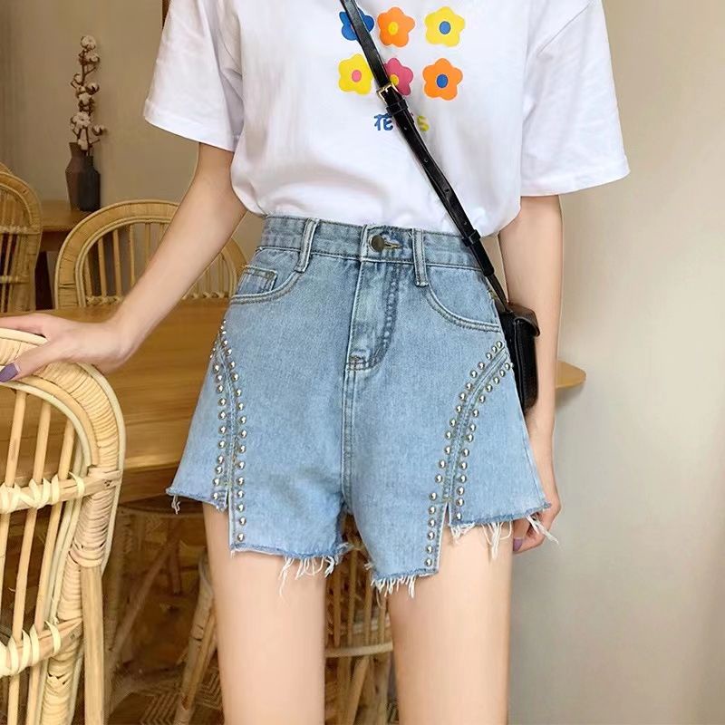 Jiashucheng Bán Chạy Quần Short Denim Chữ a Lưng Cao Ống Rộng Sờn Màu Xanh Dương Thời Trang Mùa Hè 2023 Phong Cách Mới Cho Nữ
