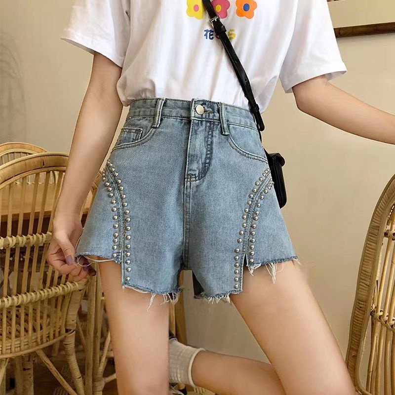 Jiashucheng Bán Chạy Quần Short Denim Chữ a Lưng Cao Ống Rộng Sờn Màu Xanh Dương Thời Trang Mùa Hè 2023 Phong Cách Mới Cho Nữ