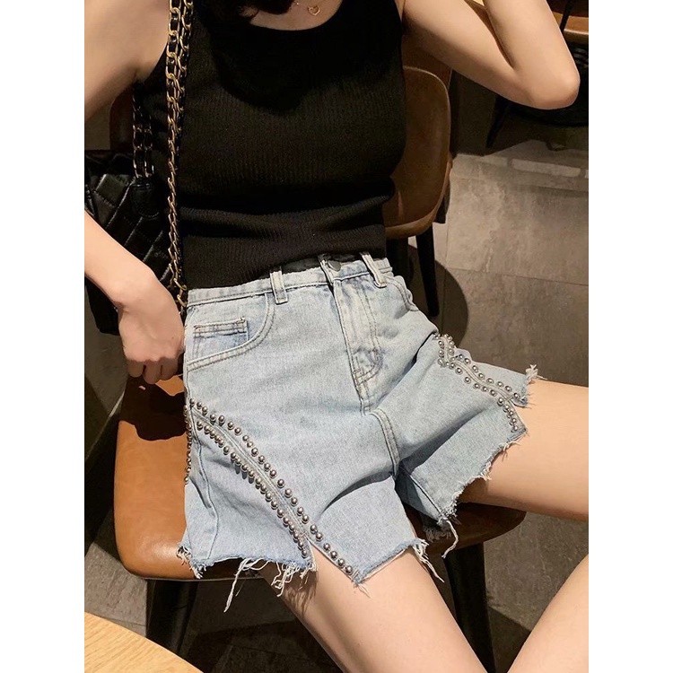 Jiashucheng Bán Chạy Quần Short Denim Chữ a Lưng Cao Ống Rộng Sờn Màu Xanh Dương Thời Trang Mùa Hè 2023 Phong Cách Mới Cho Nữ