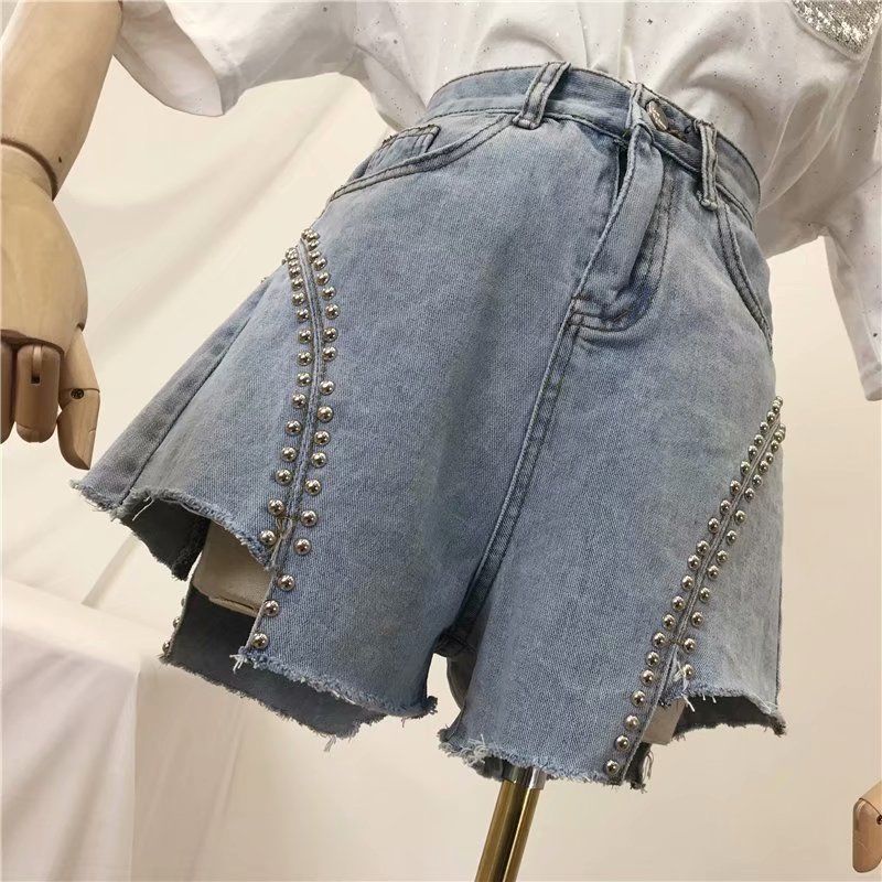 Jiashucheng Bán Chạy Quần Short Denim Chữ a Lưng Cao Ống Rộng Sờn Màu Xanh Dương Thời Trang Mùa Hè 2023 Phong Cách Mới Cho Nữ