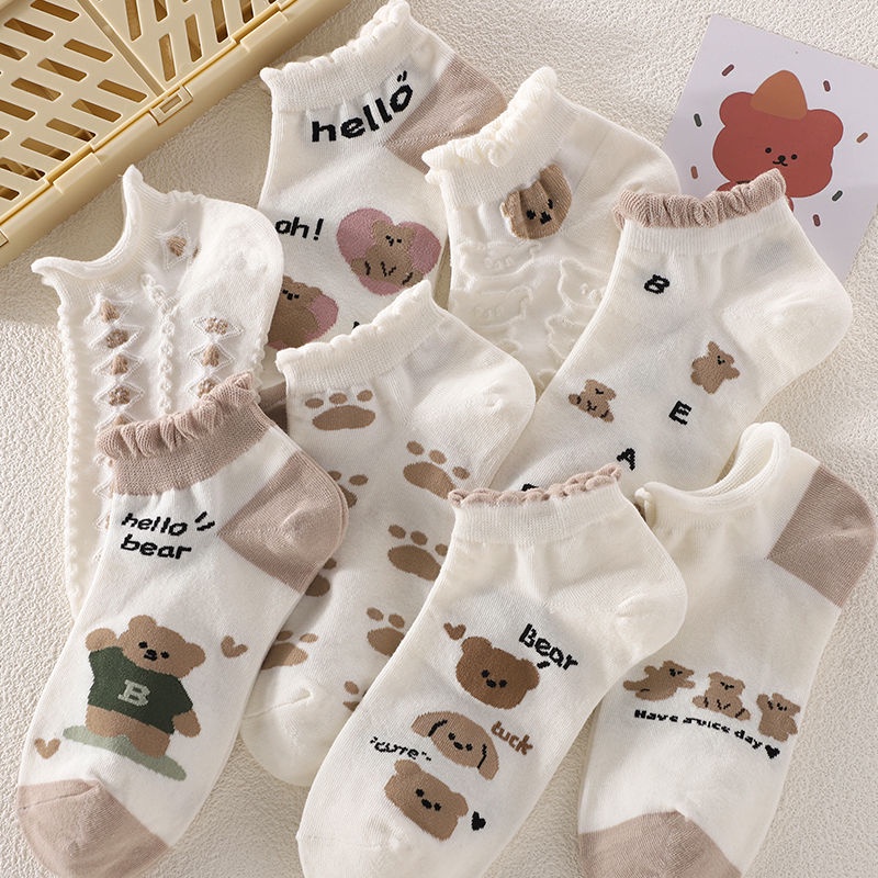 Vớ Thuyền Phối Ren Họa Tiết Gấu Hoạt Hình Phong Cách Preppy Nhật Bản Dễ Phối Đồ Thời Trang Mùa Hè Cho