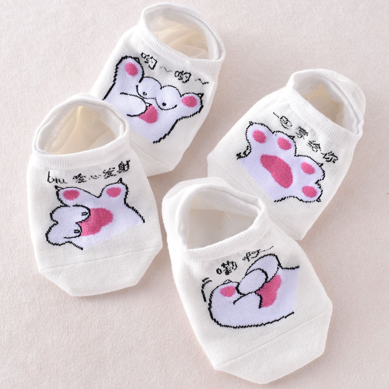 Vớ Thuyền Mỏng Màu Trắng Miệng Nông In Hình Chân Mèo Hoạt Hình Dễ Thương Không Rơi Thời Trang Mùa Hè